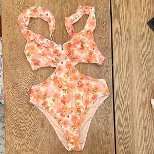 Cupshe Floral Cutout Swimsuit - Pink and Orange